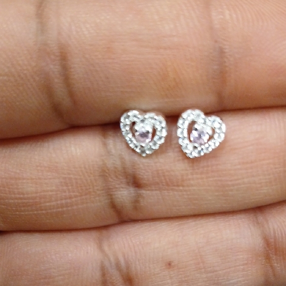 Heart-Shaped Silver and Pink Stud Earrings - Picture 1 of 2